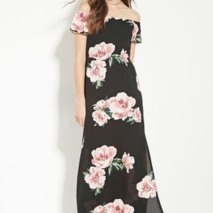 Long floral side split off the shoulder dress